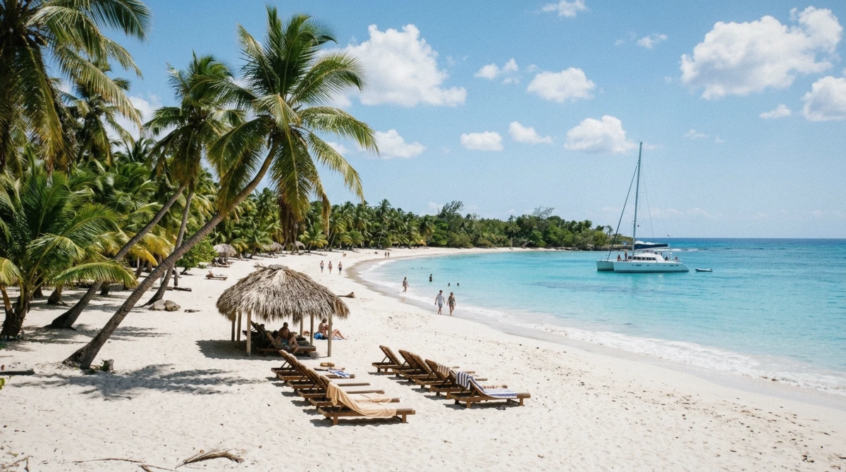 Beach umbrellas and shallow turquoise water at Playa Grande on a Catalina Island Dominican Republic day trip