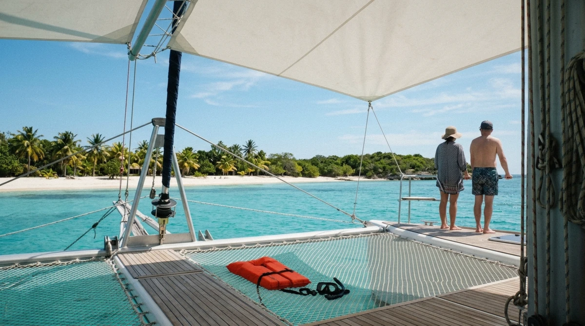 Passengers on the deck of a day-trip catamaran crossing toward the Captain Kidd shipwreck Dominican Republic coastline
