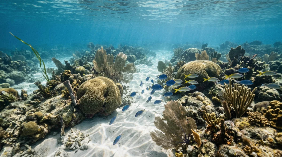 Sunlit shallow reef water close to shore near the Captain Kidd shipwreck Dominican Republic site, snorkel depth